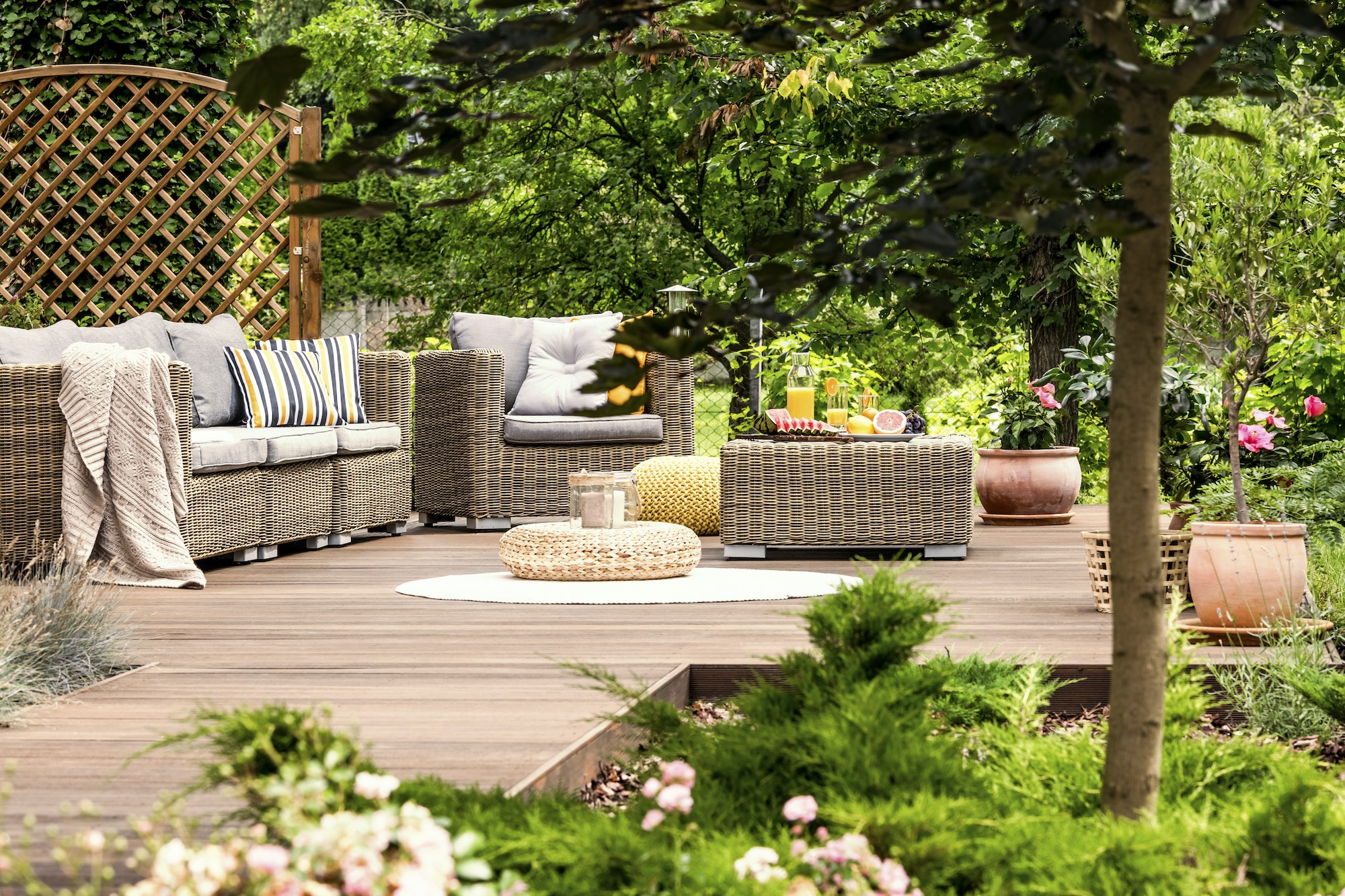 Garden furniture on wooden patio